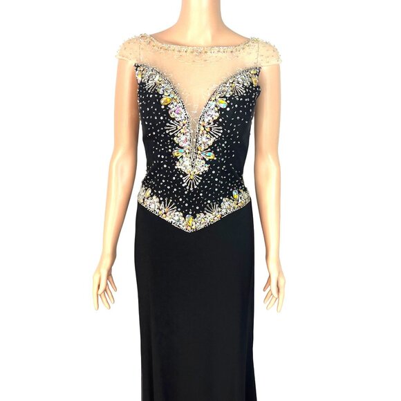 Panoply Black Rhinestone Embellished Mesh Illusion Gown Size 6 W Sheer Neckline - Picture 11 of 13